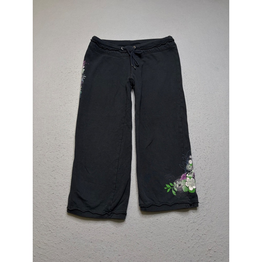 Roxy Sweatpants Women M/L Black Y2K Floral Embroidered Cropped Wide Leg Pants